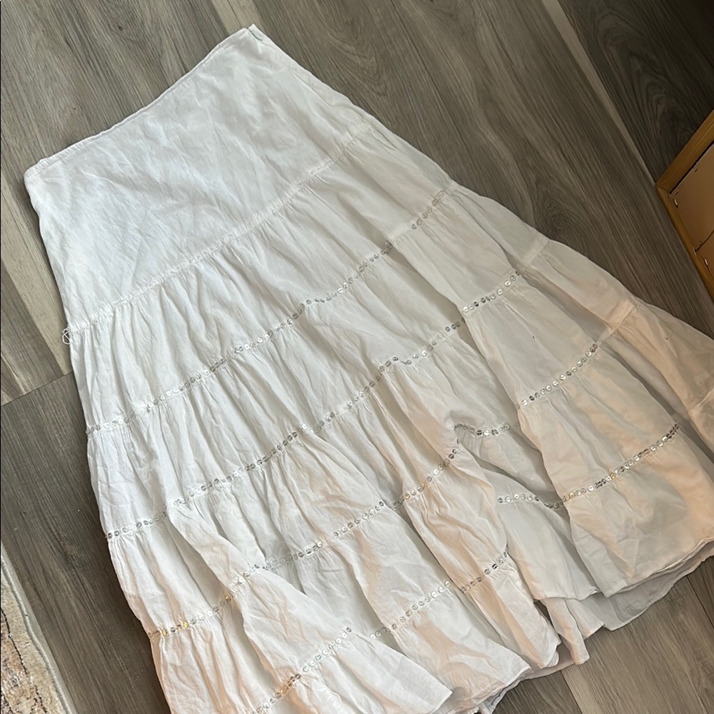 Vintage y2k Costal Cowgirl Boho sequin Cotton Gauzy White Tiered Maxi Skirt - Picture 2 of 10